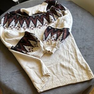 Free People Cream Sweater with Brown & Black Fair Isle Yoke